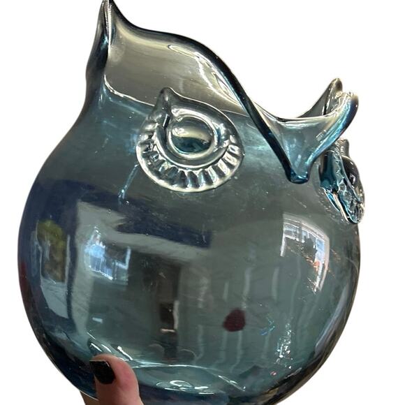 Large Blue and Gold Fleck Owl Glass Vase Handmade Art Glass - Picture 2 of 8